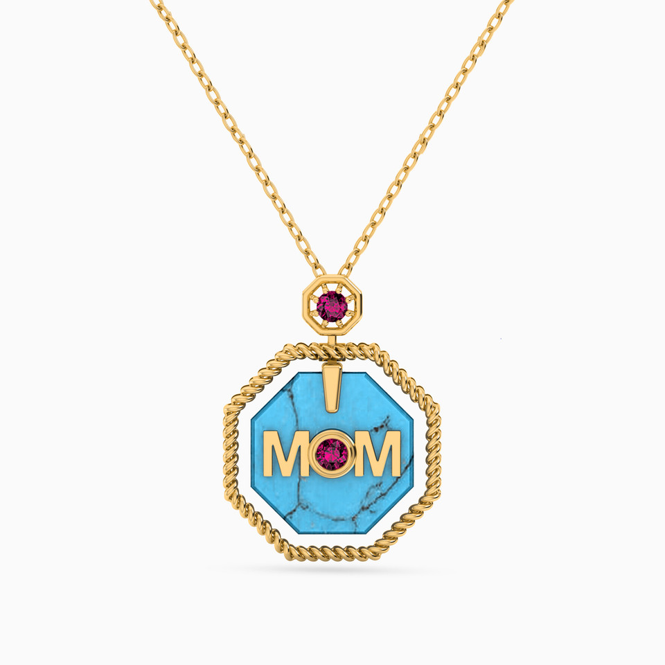 Mom Word Pearl & Colored Stones Necklace in 18K Gold Mom Word Pearl & Colored Stones Necklace in 18K Gold