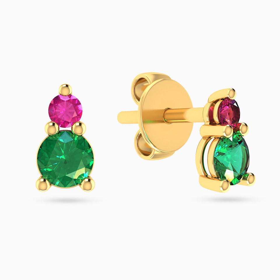 Circle Shaped Colored Stones Stud Earrings in 18K Gold - 2 Circle Shaped Colored Stones Stud Earrings in 18K Gold - 2