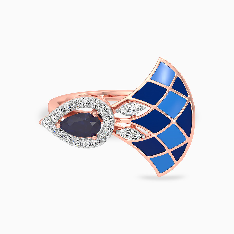 Multi-shaped Diamond Colored Stones & Enamel Coated Ring in 18K Gold - 2 Multi-shaped Diamond Colored Stones & Enamel Coated Ring in 18K Gold - 2