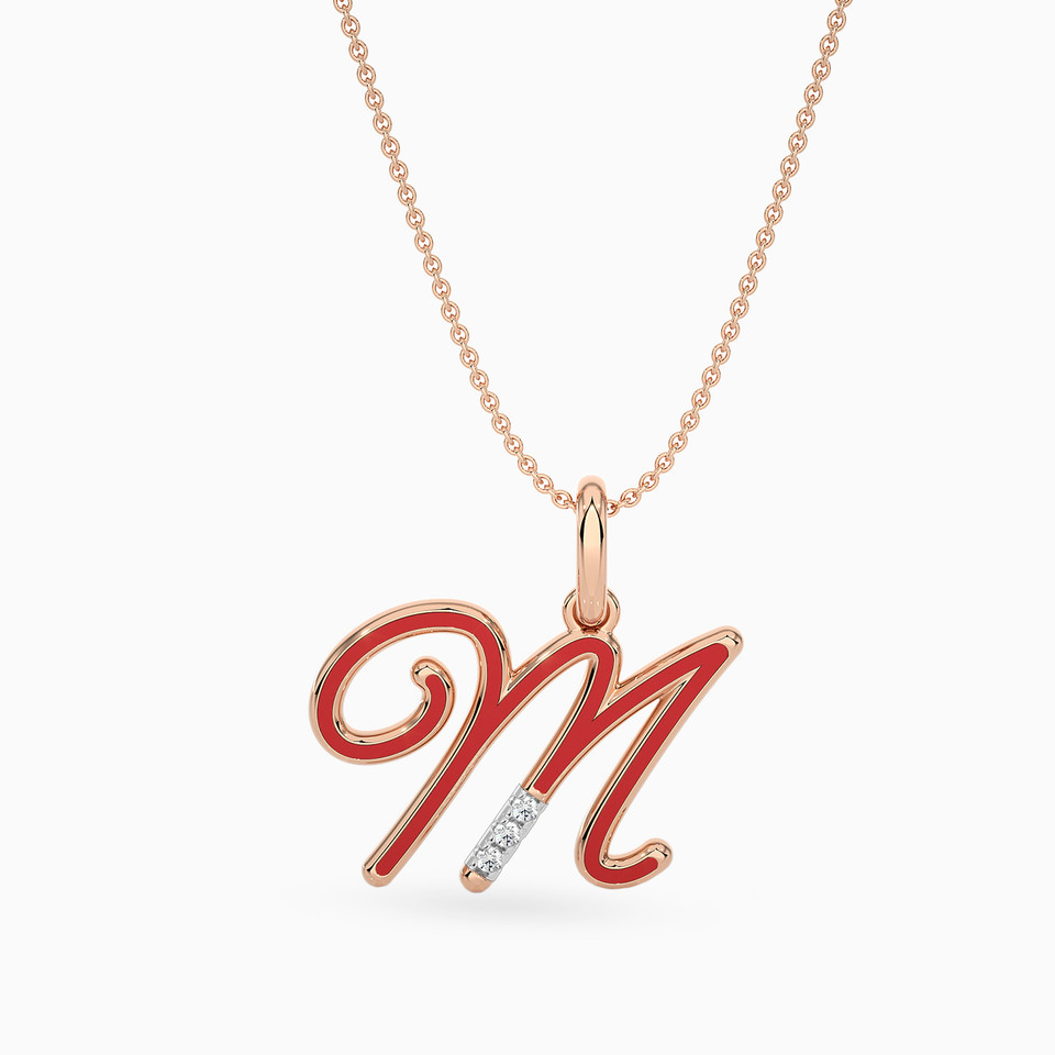 Letter M Diamond & Enamel Coated Pendant in 18K Gold - 2 Letter M Diamond & Enamel Coated Pendant in 18K Gold - 2