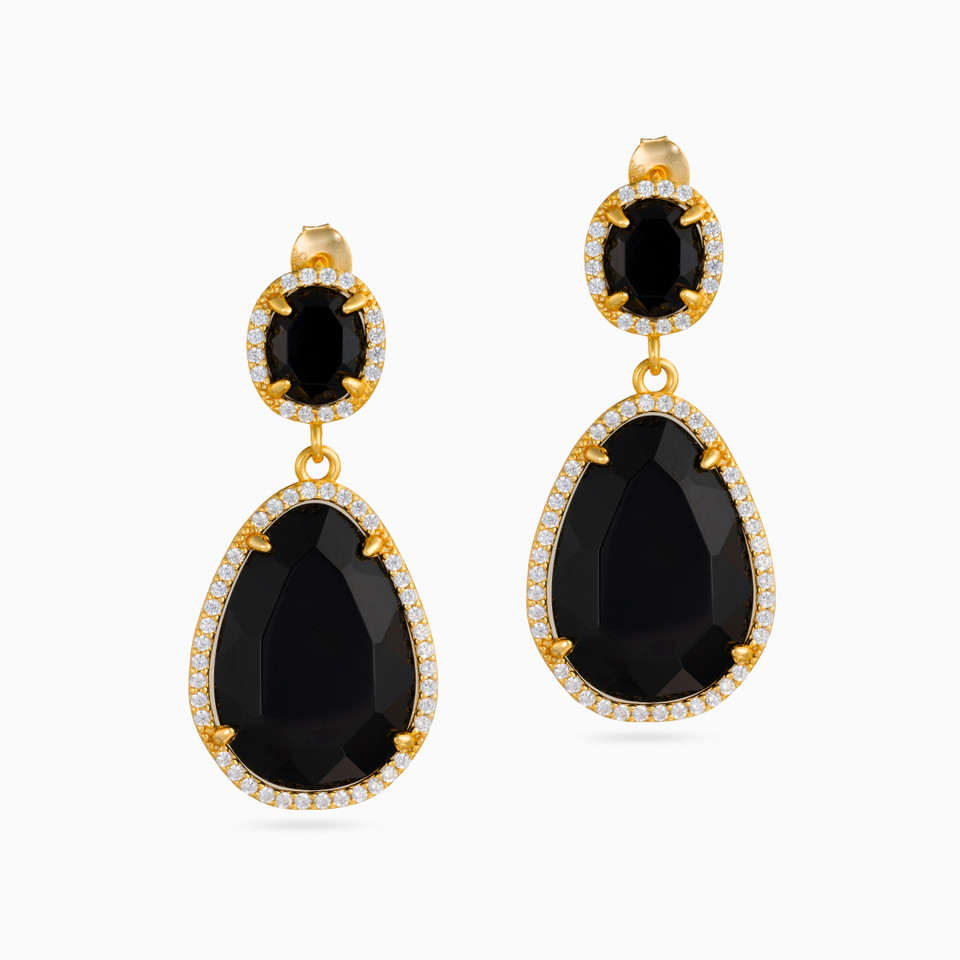 Pear Black Stone Gold Plated Drop Earrings Pear Black Stone Gold Plated Drop Earrings