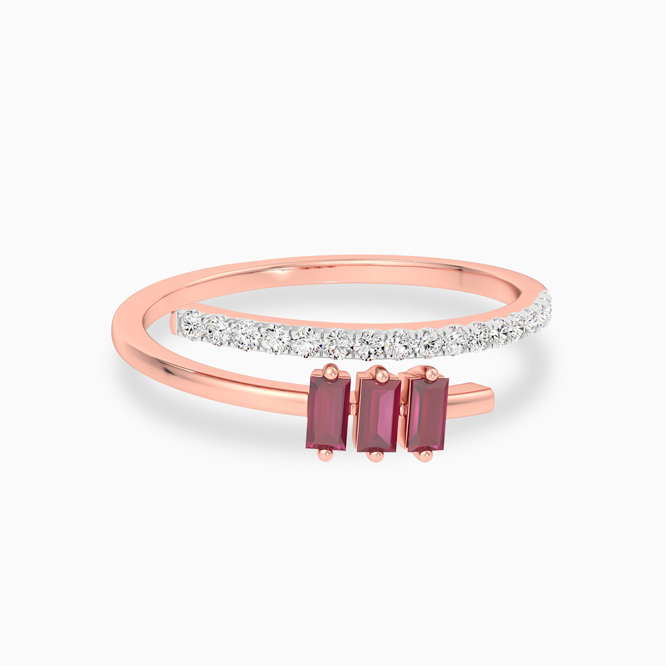 Baguette Diamond & Red Stone Open Ring in 18K Gold - 2 Baguette Diamond & Red Stone Open Ring in 18K Gold - 2