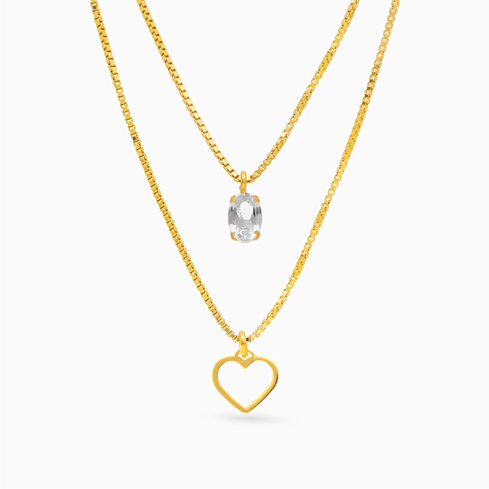Heart Clear Stone Gold Plated Layered Necklace Heart Clear Stone Gold Plated Layered Necklace