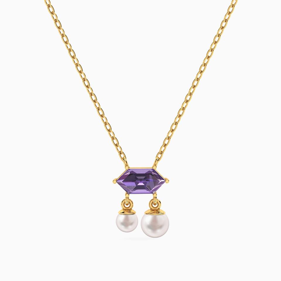 Hexagonal Purple Stone & Pearls Necklace in 18K Gold Hexagonal Purple Stone & Pearls Necklace in 18K Gold