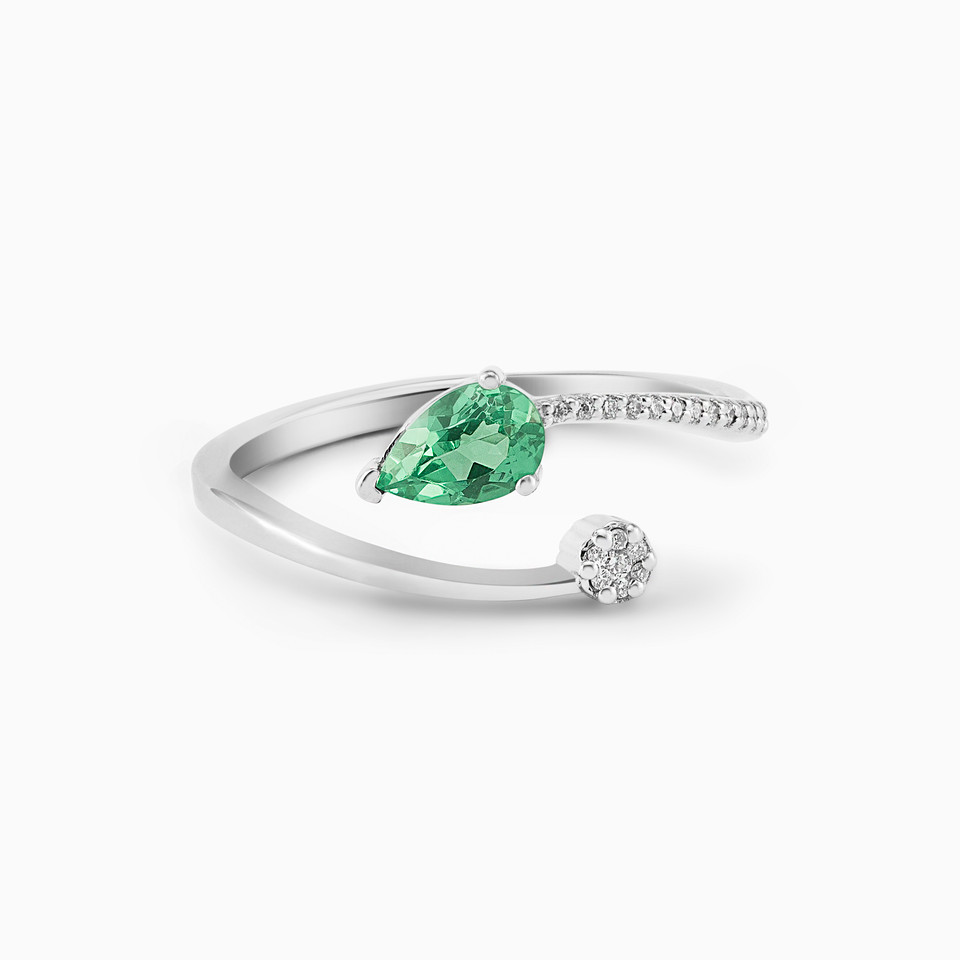 Pear Diamond & Green Stones Open Ring in 18K Gold Pear Diamond & Green Stones Open Ring in 18K Gold