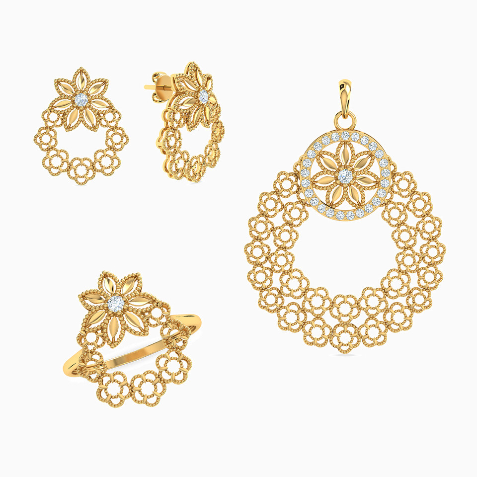 Flower Cubic Zirconia Half Set in 21K Gold (3 Pieces) Flower Cubic Zirconia Half Set in 21K Gold (3 Pieces)
