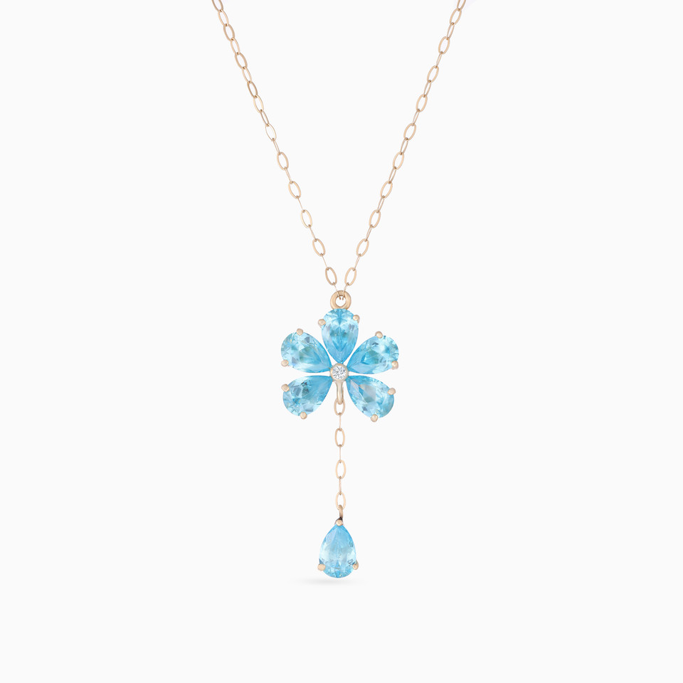 Flower Diamond & Aqua Blue Stones Necklace in 18K Gold Flower Diamond & Aqua Blue Stones Necklace in 18K Gold