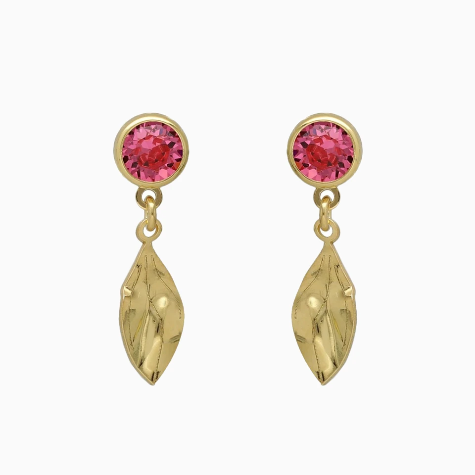 Round & Leaf Drop Pink Stone Gold Plated Earrings Round & Leaf Drop Pink Stone Gold Plated Earrings