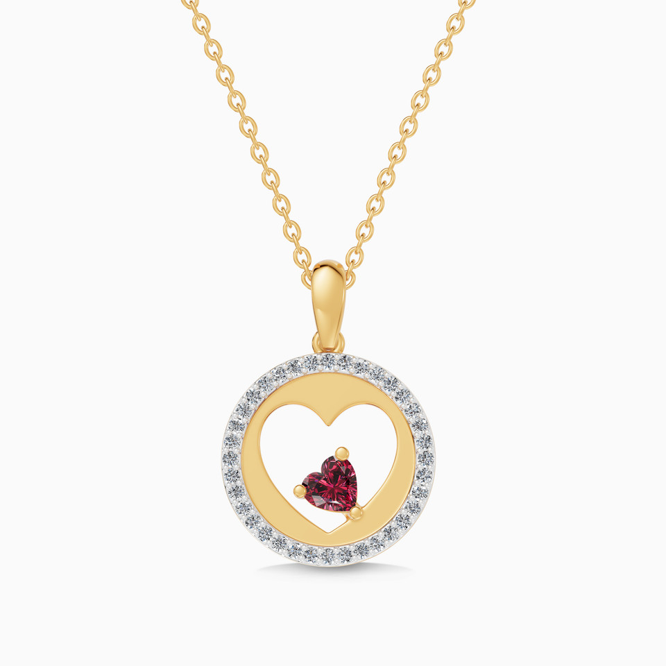 Heart & Circular Frame Red Stone Diamond Necklace in 18K Gold Heart & Circular Frame Red Stone Diamond Necklace in 18K Gold