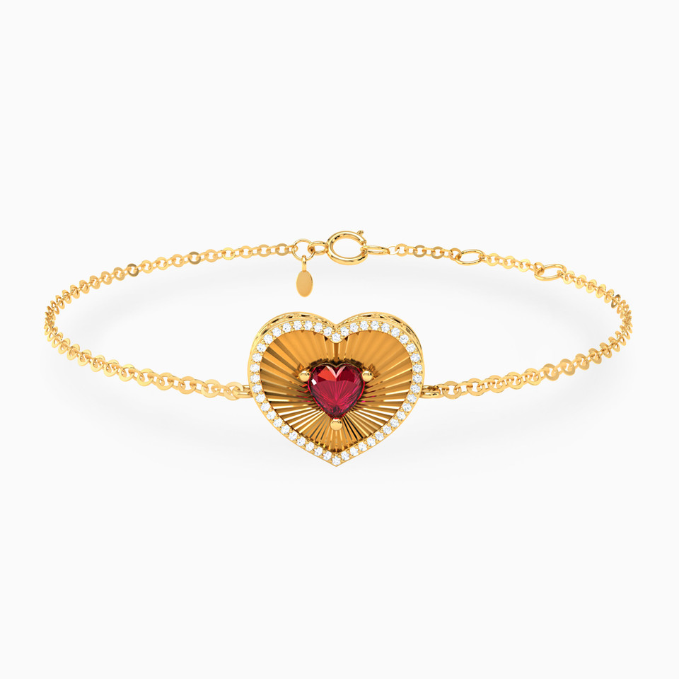 Textured Heart Red Stone Diamond Chain Bracelet in 18K Gold Textured Heart Red Stone Diamond Chain Bracelet in 18K Gold