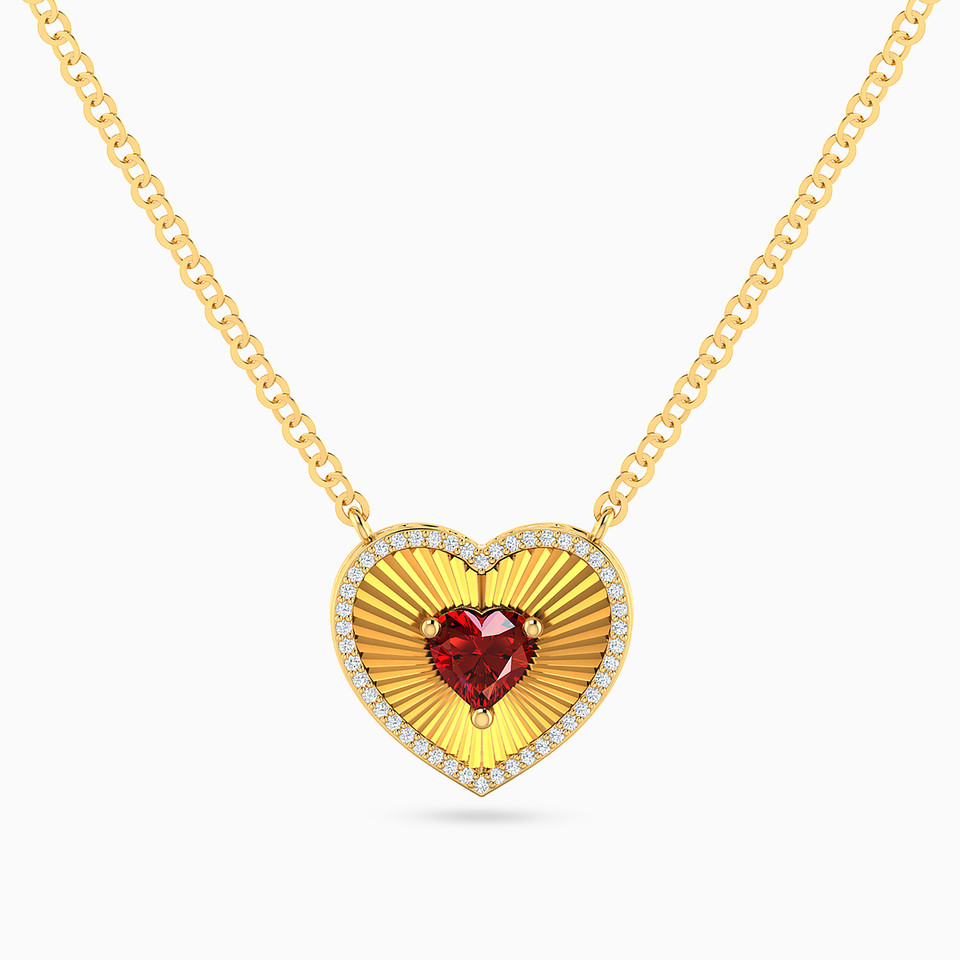 Texutred Heart Red Stone Diamond Necklace in 18K Gold Texutred Heart Red Stone Diamond Necklace in 18K Gold