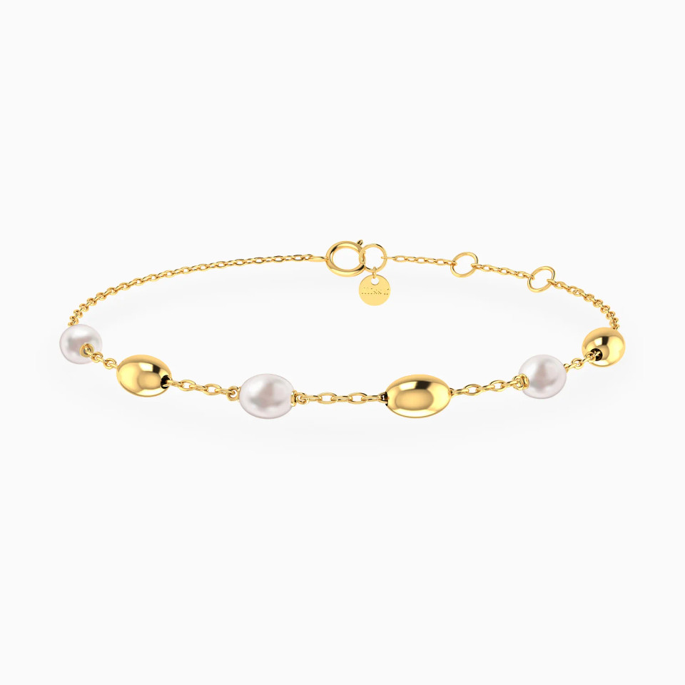 Spaced Oval Beads & Pearls Chain Bracelet in 18K Gold Spaced Oval Beads & Pearls Chain Bracelet in 18K Gold