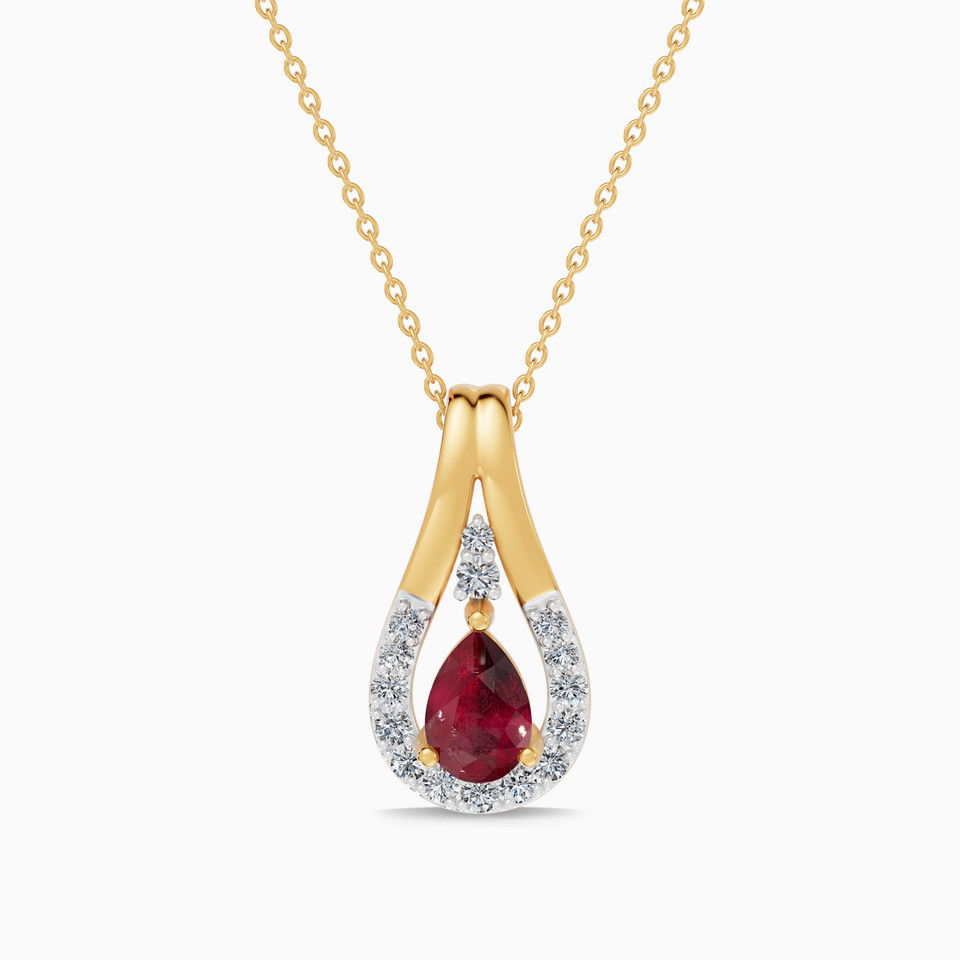 Pear Red Stone & Diamond Pendant Necklace in 18K Gold - 2 Pear Red Stone & Diamond Pendant Necklace in 18K Gold - 2