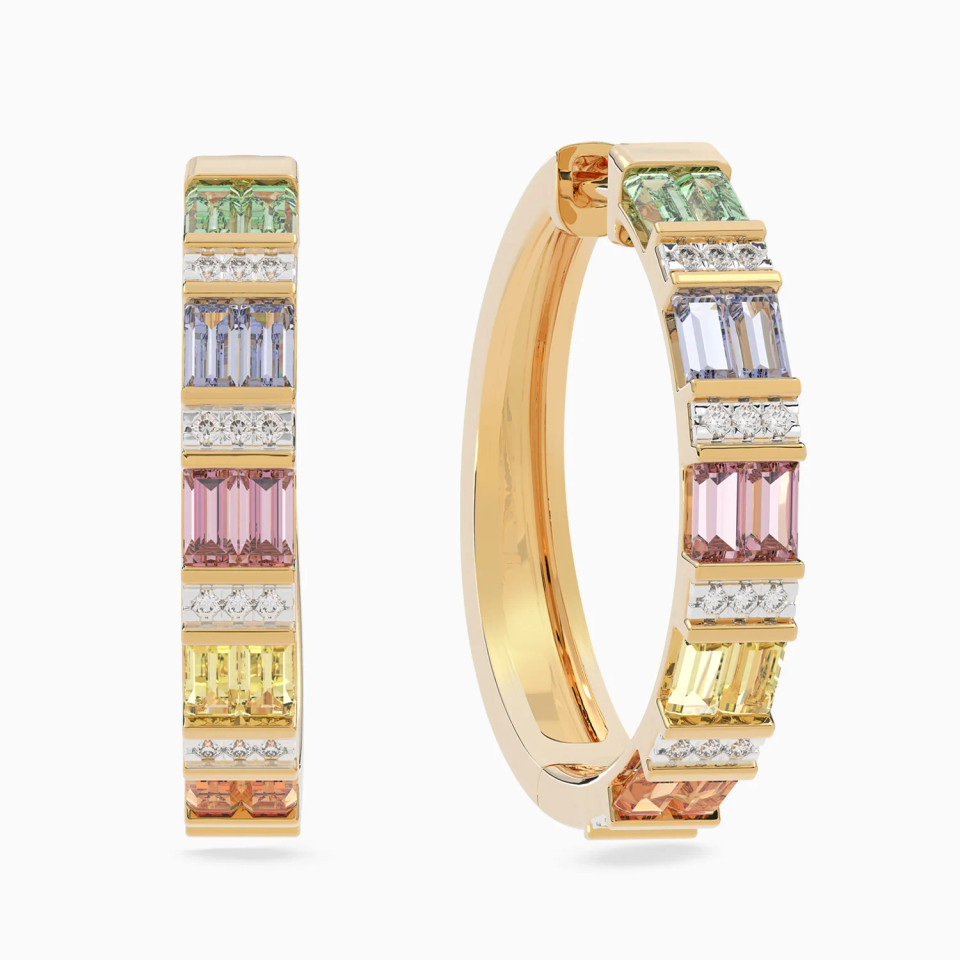 Baguette Sequence Colored Stones Diamond Hoop Earrings in 18K Gold Baguette Sequence Colored Stones Diamond Hoop Earrings in 18K Gold