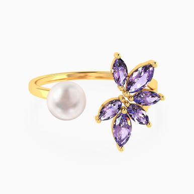 Floral Cluster Lavender Stones & Pearl Open Ring in 18K Gold - 111106180055