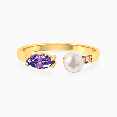 Horizontal Marquise Lavender Stone & Pearl Open Ring in 18K Gold - 111106180054