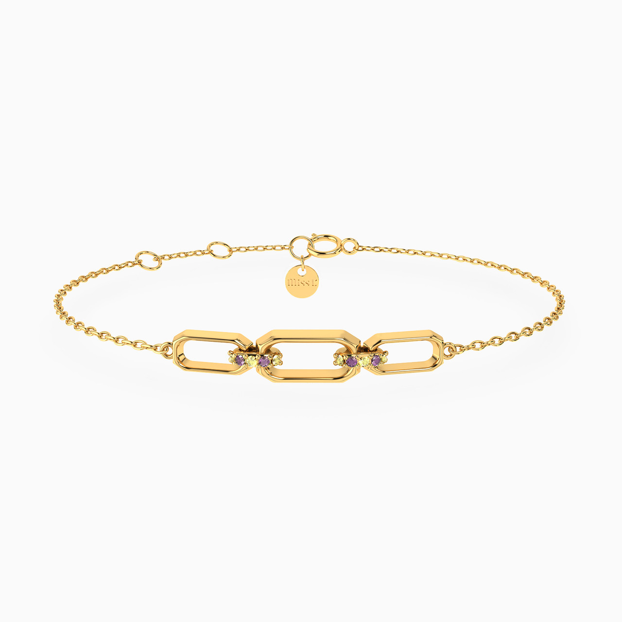 Rectangle Shaped Colored Stones Chain Bracelet in 18K Gold