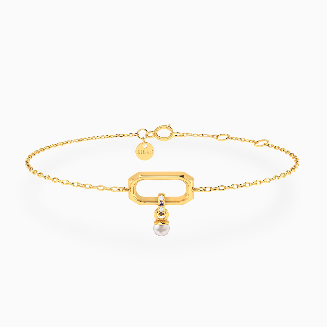 Rectangle Shaped Pearls & Colored Stones Chain Bracelet in 18K Gold