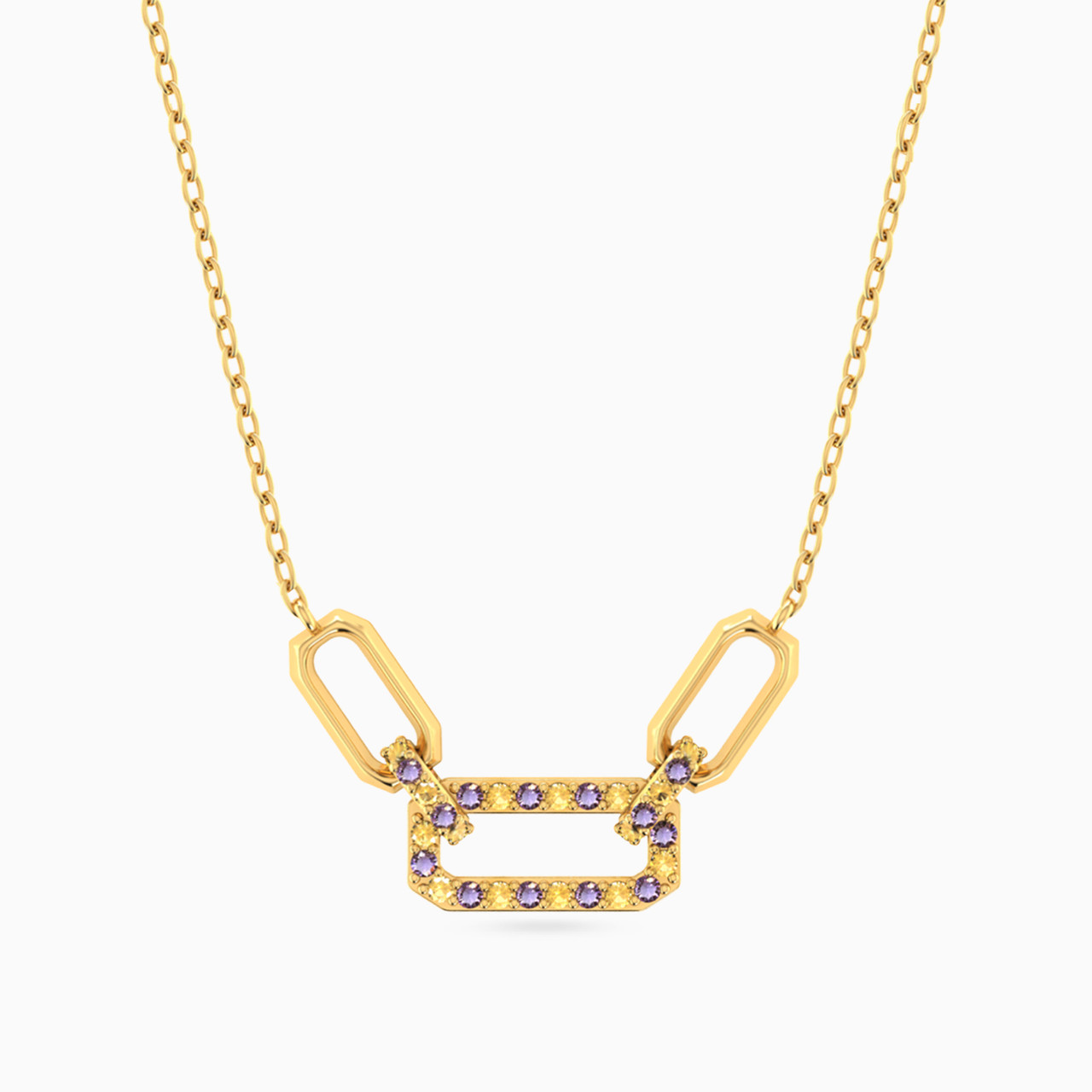 Rectangle Shaped Colored Stones Pendant with 18K Gold Chain