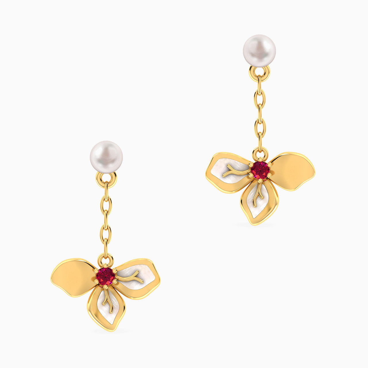 Flower Shaped Pearls & Colored Stones Drop Earrings in 18K Gold