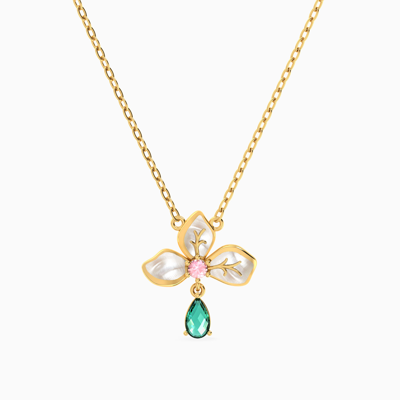 Flower Shaped Colored Stones Pendant with 18K Gold Chain