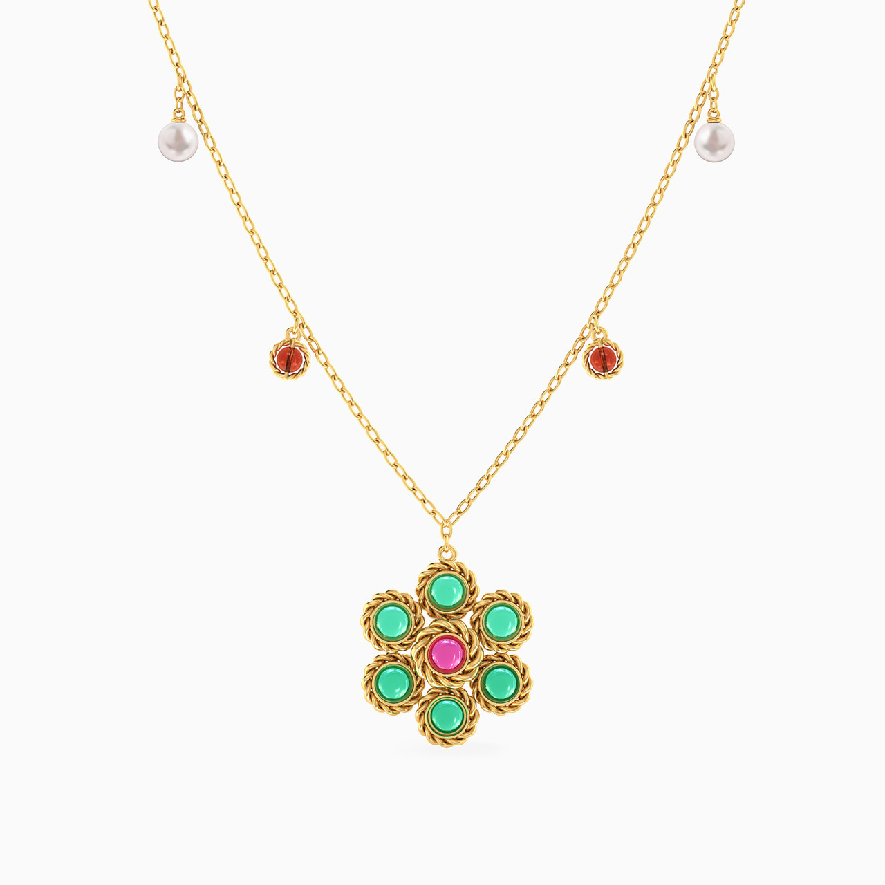 Flower Shaped Colored Stones Pendant with 18K Gold Chain