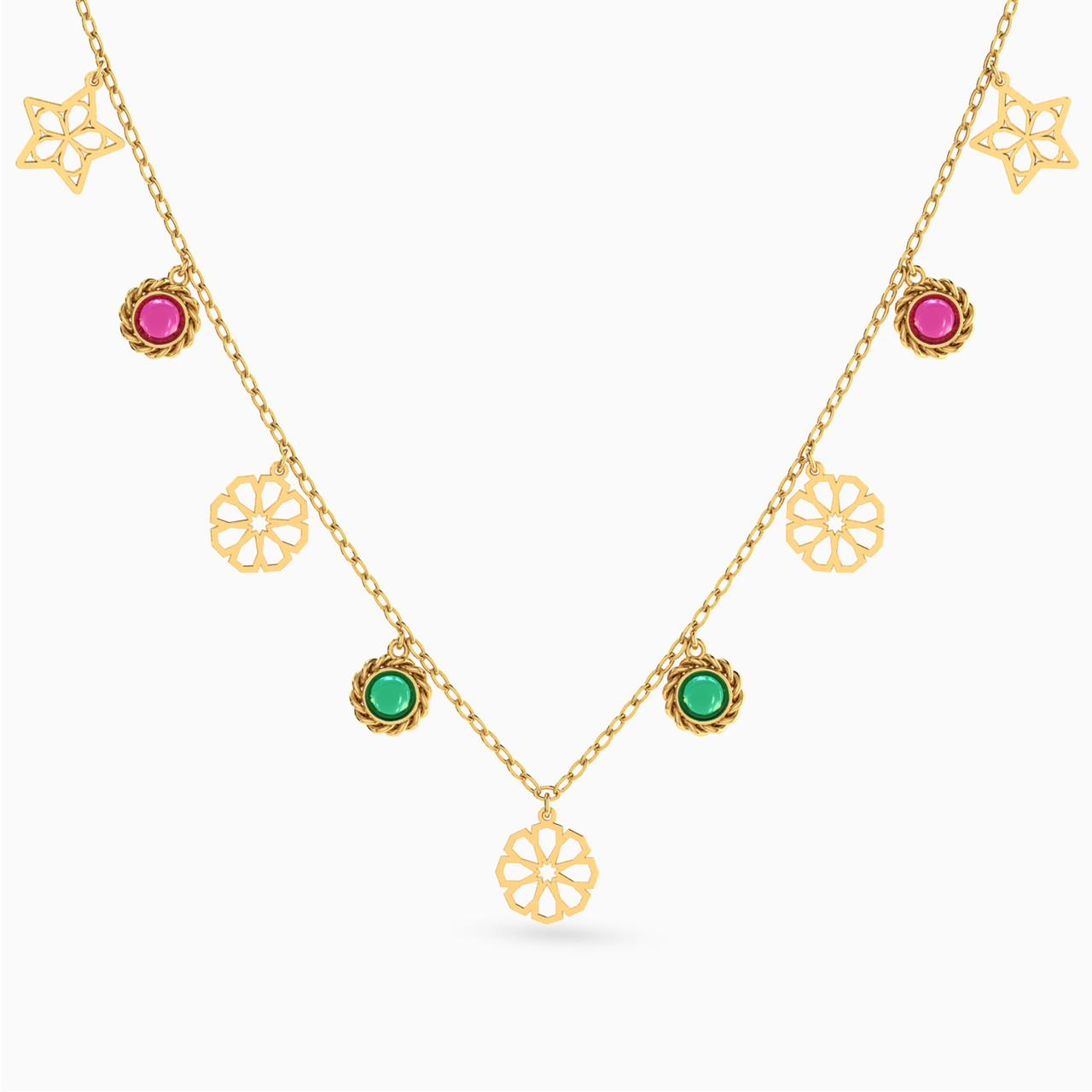 Multi-shaped Colored Stones Charms Necklace with 18K Gold Chain