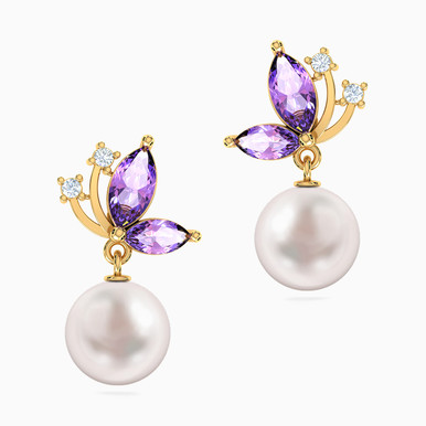Flower Pearls & Purple Stone Drop Earrings in 18K Gold - 111206180043