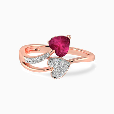 Heart Diamond & Rose Stone Two headed Ring in 18K Gold - KR604544RB-SI3