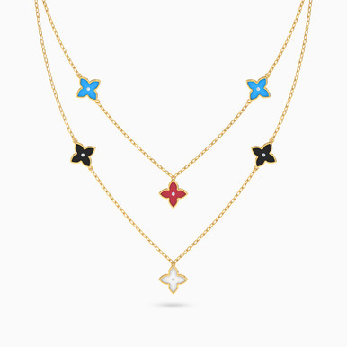 Flower Colored Stones Layered Necklace in 18K Gold - 111405180257