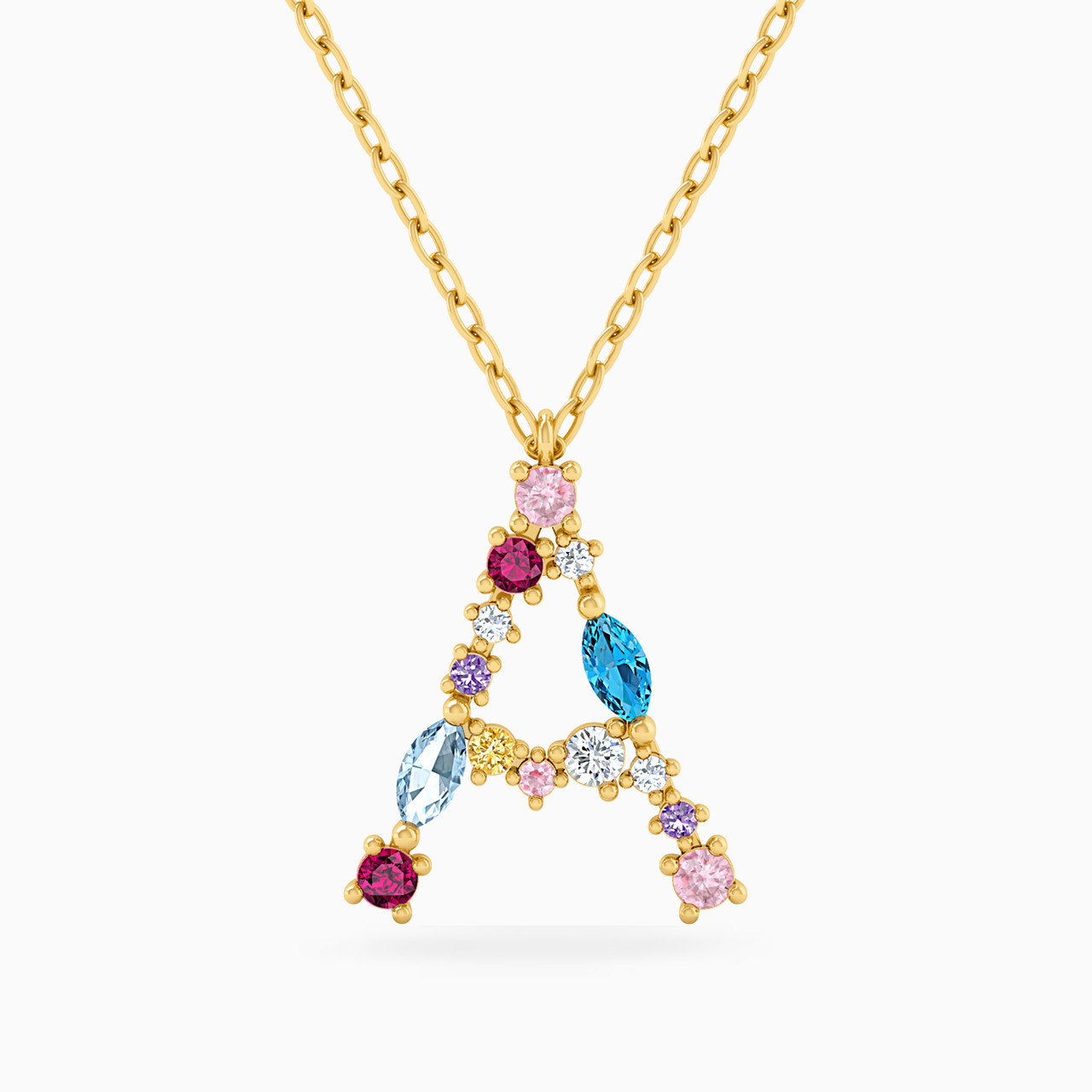 Letter A Shaped Colored Stones Pendant with 18K Gold Chain