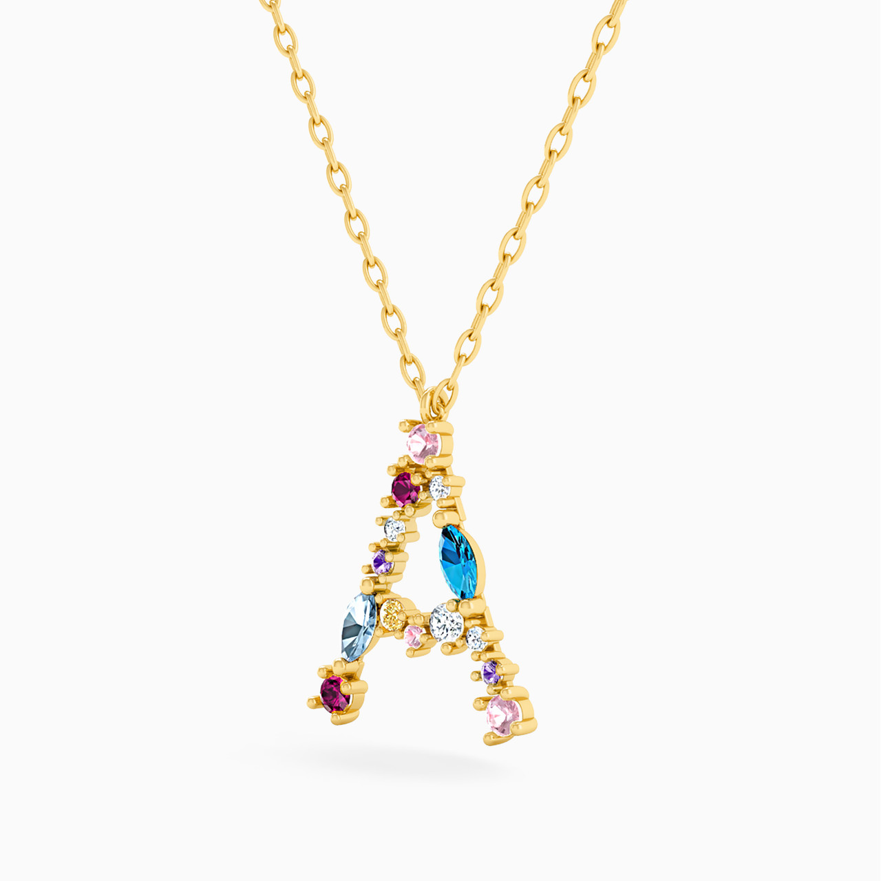 Letter A Shaped Colored Stones Pendant with 18K Gold Chain