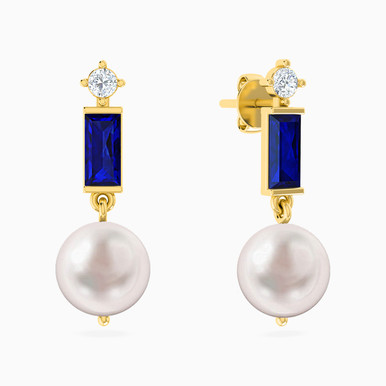 Round Pearls & Blue Stone Drop Earrings in 18K Gold - 111206140007 Round Pearls & Blue Stone Drop Earrings in 18K Gold - 111206140007