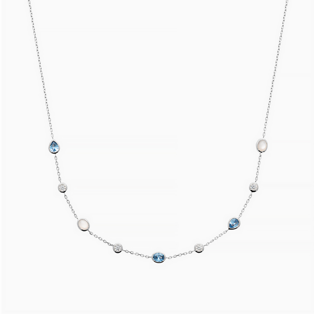 Round Colored Stones Sterling Silver Chain Necklace