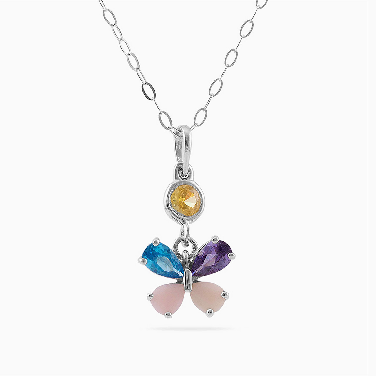 Butterfly Shaped Colored Stones Pendant with 18K Gold Chain