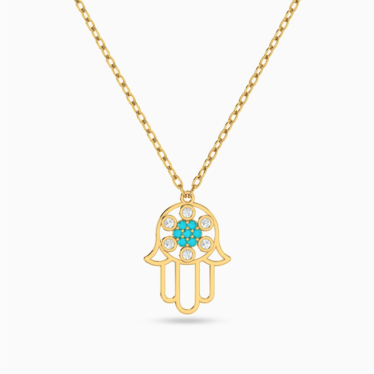 Hamsa Shaped Colored Stones Pendant with 18K Gold Chain