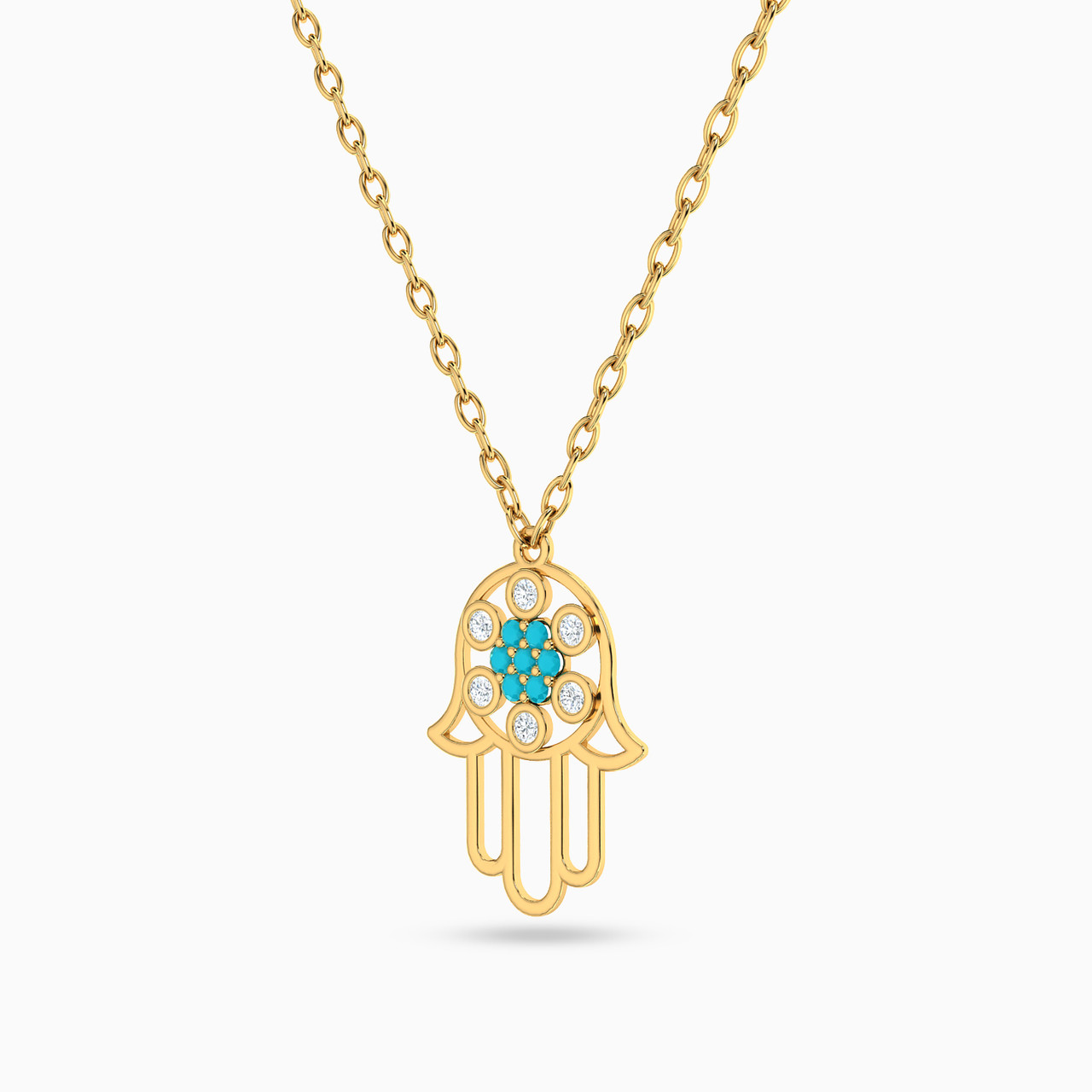 Hamsa Shaped Colored Stones Pendant with 18K Gold Chain