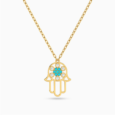 Hamsa Colored Stones Necklace in 18K Gold - 111404180303