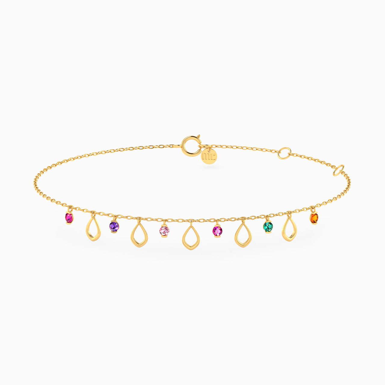 Pear Colored Stones Charms Anklet in 18K Gold