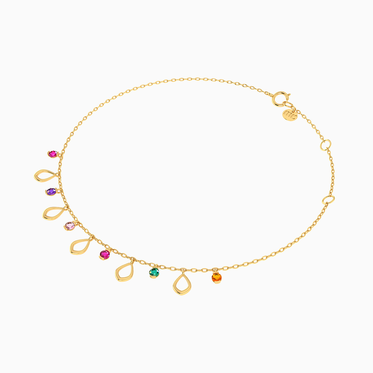 Pear Colored Stones Charms Anklet in 18K Gold