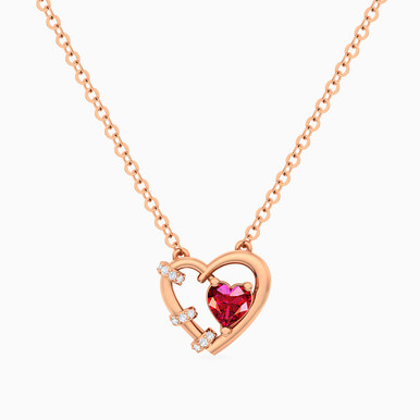 Heart Red Stone & Diamonds Necklace in 18K Gold - LNE50097
