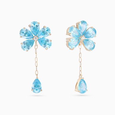 Flower Diamond & Aqua Blue Stones Drop Earrings in 18K Gold - 11051030002