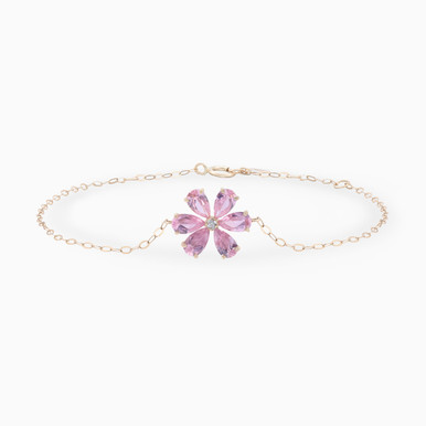 Flower Diamond & Pink Stones Chain Bracelet in 18K Gold - 11047030001