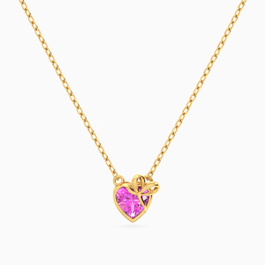 Bow & Heart Pink Stone Necklace In 18K Gold - 21046030345
