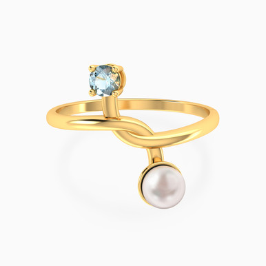 Twisted Aqua Blue Stone & Pearl Two Headed Ring In 18K Gold - 111106180052