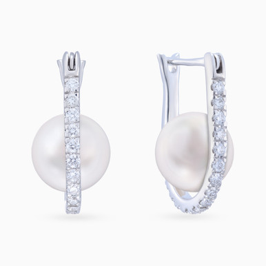 Round Diamond & Pearls Hoop Earrings in 18K Gold - LEA50016W