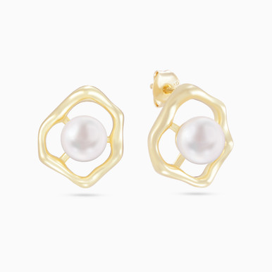Irregular Circle Pearl Gold Plated Stud Earrings - GE03178A