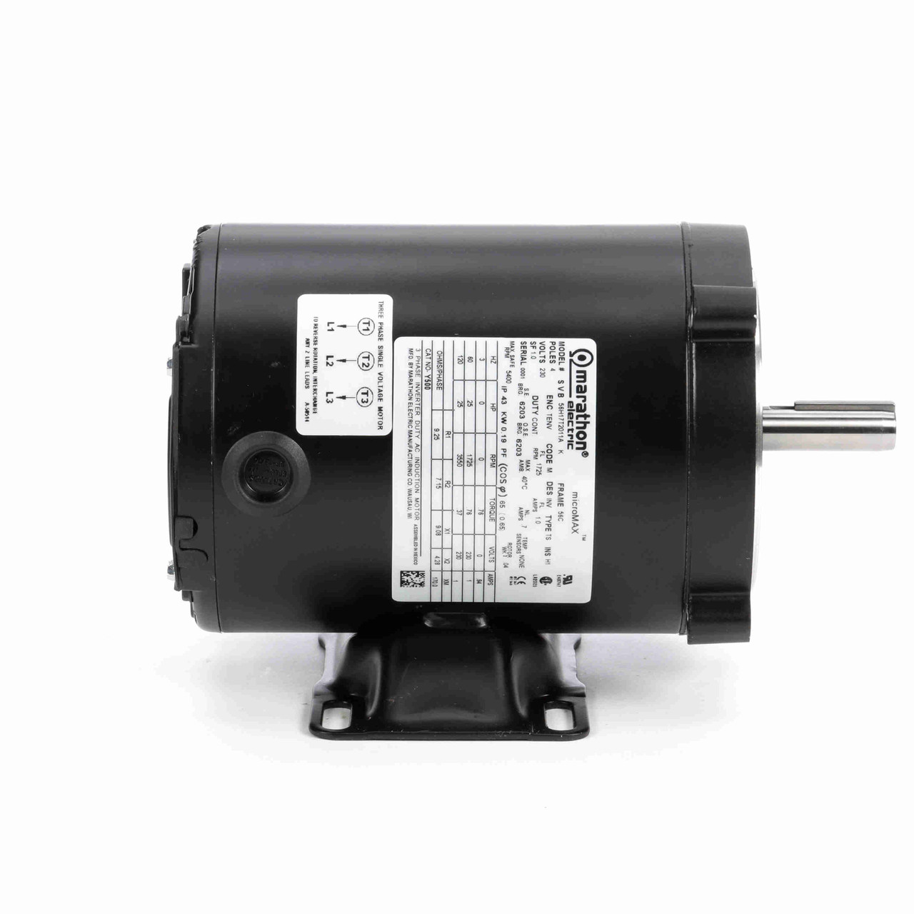 Y500 Marathon microMAX AC Inverter Duty Motor 1/4 HP 1800 RPM 56C Frame