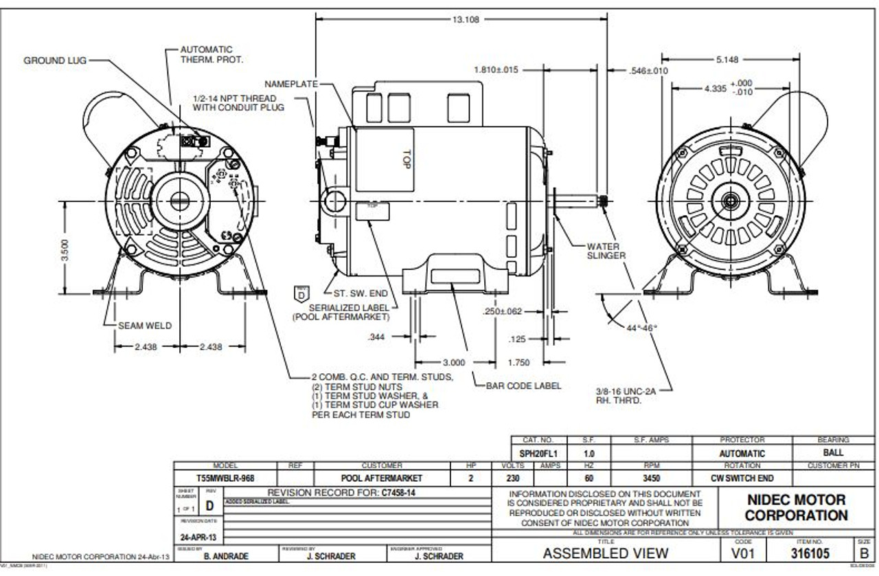 SPH20FL1 US-Nidec Thru-Bolt Pool and Spa Motor 2 HP 3450 RPM 48Y Frame