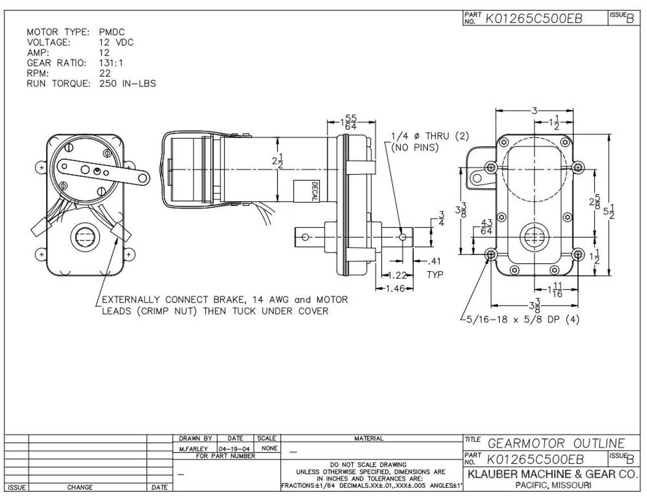 K01265C500 Rv Power Gear Slide Out Motor